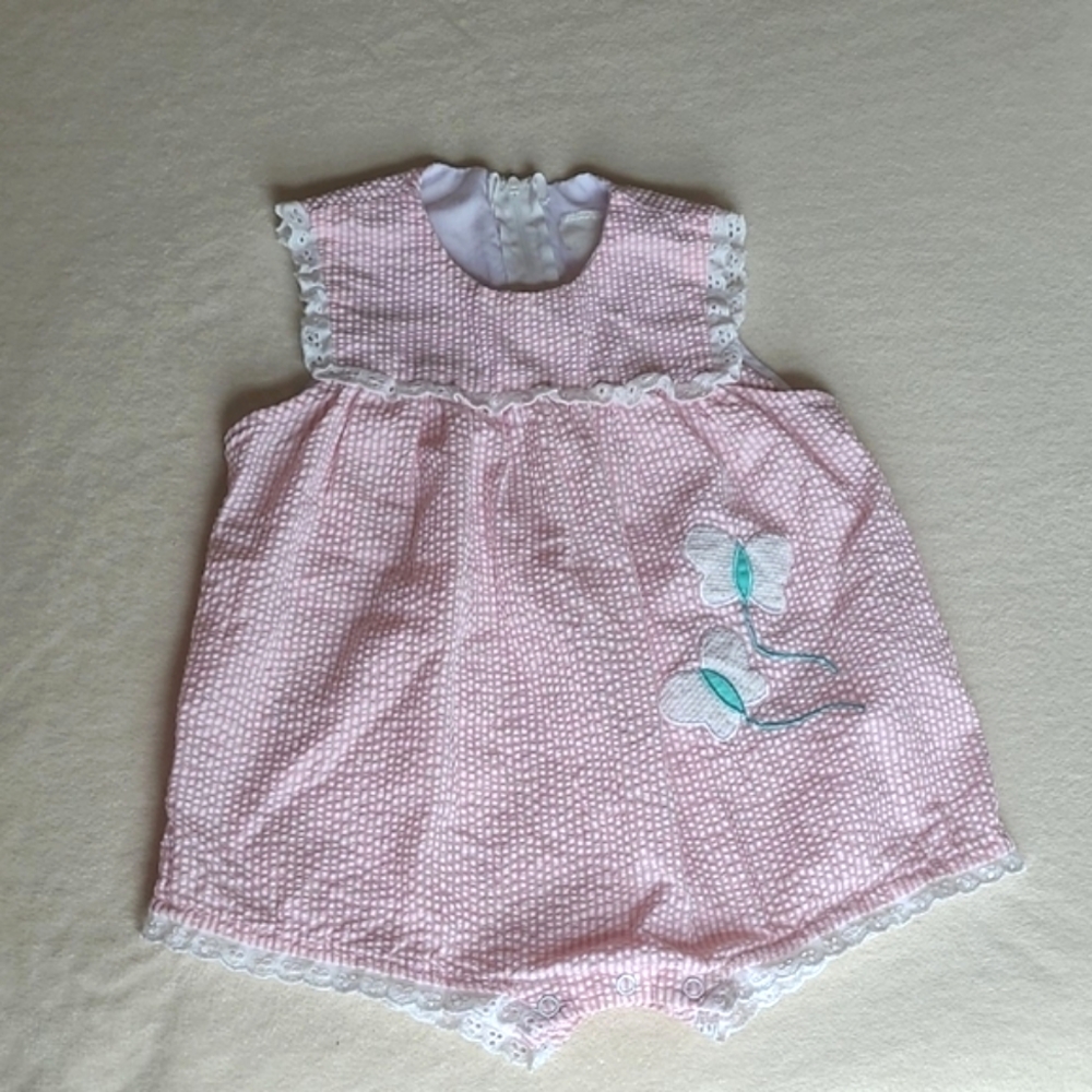Vintage Pink Baby Romper with Flower Embroidered Accents Seersucker Fabric